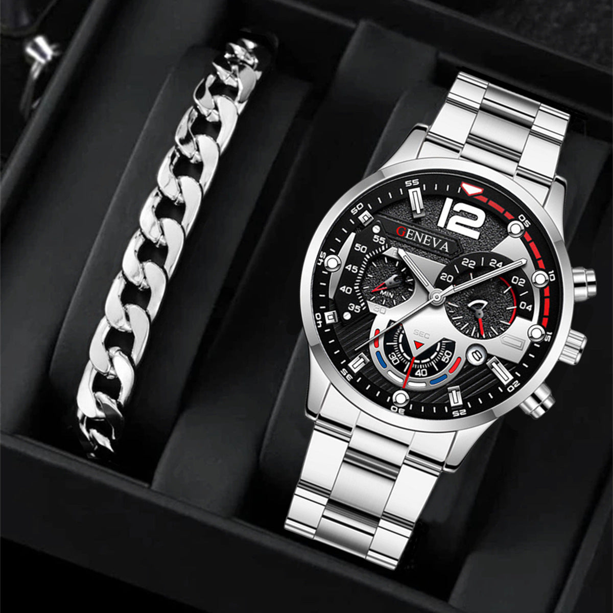 Men's Steel Strap Quartz Watch and Bracelet Set (photo 2)