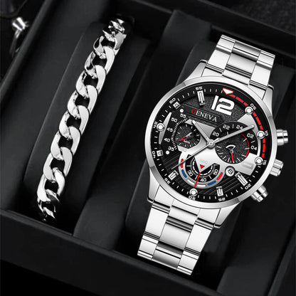 Men's Steel Strap Quartz Watch and Bracelet Set (photo 2)