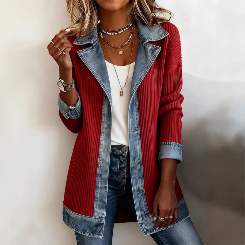 Women's Patchwork Button-Down Shirt Jacket with Lapel Collar (photo 2)