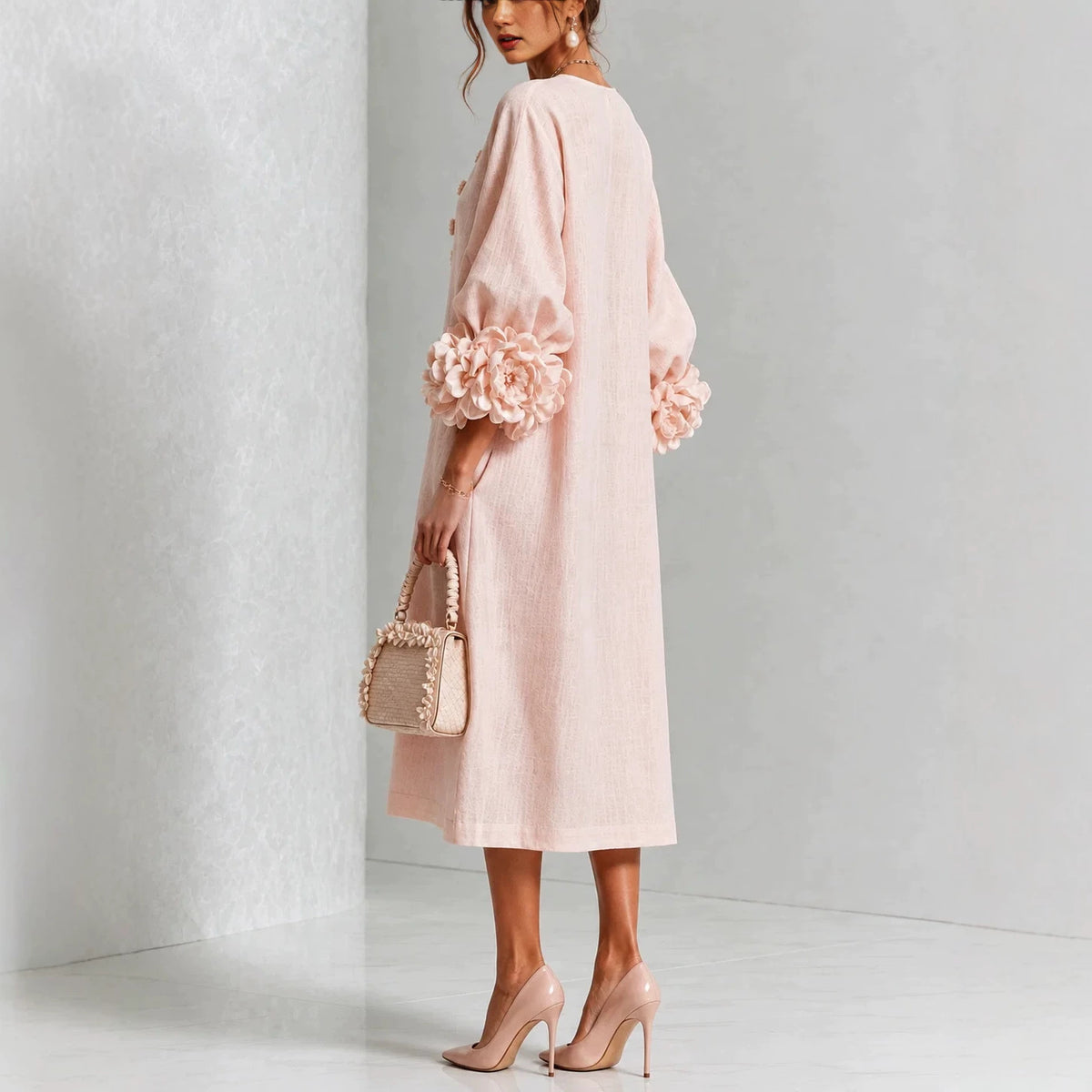 Women's A-Line Midi Dress with 3D Floral Details and Puff Sleeves (photo 2)