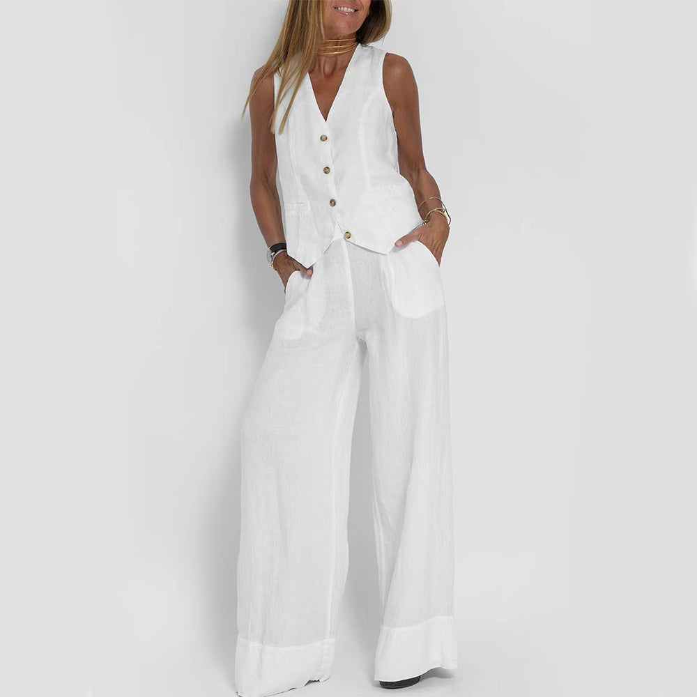 Women's Sleeveless V-Neck Vest and Straight Pants Set (photo 5)