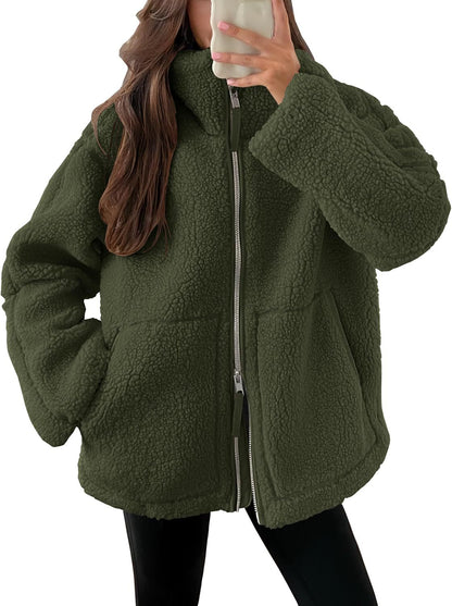 Women's Lapel Zip-Up Fleece Coat with Pockets (photo 9)
