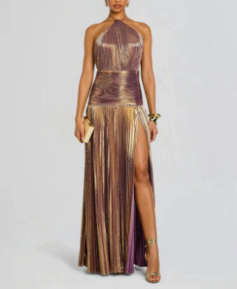 Women's Pleated Halter-Neck Maxi Dress with Slit (photo 6)