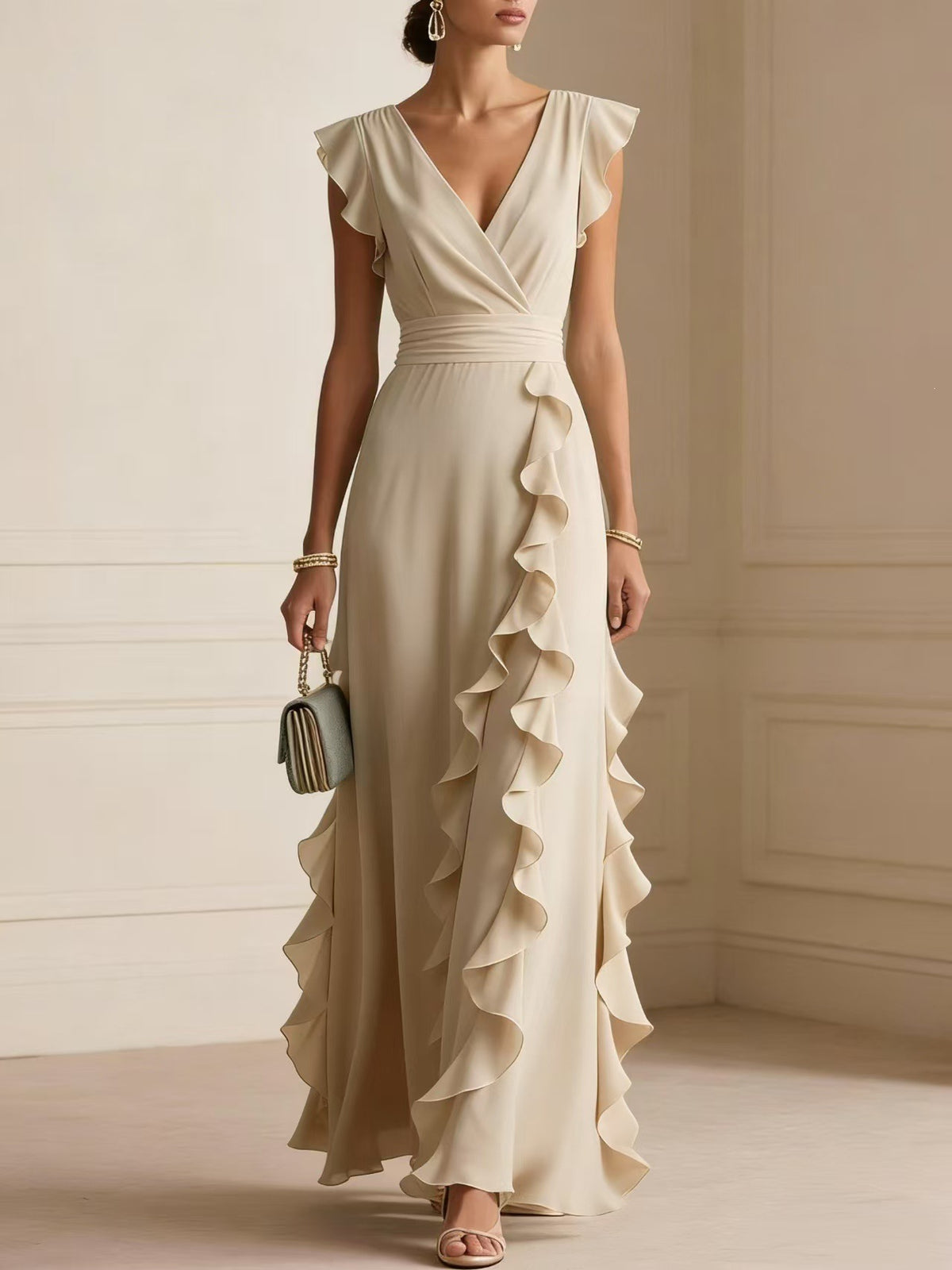 Women's Ruffle V-Neck Sleeveless Maxi Dress (photo 9)