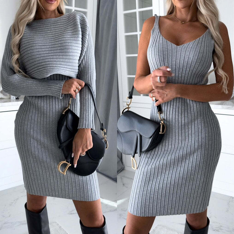 Women's Two-Piece Set: Long-Sleeve Top and Fitted Strap Skirt