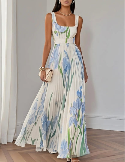Women's Floral Pleated Sleeveless A-Line Midi Dress (photo 9)