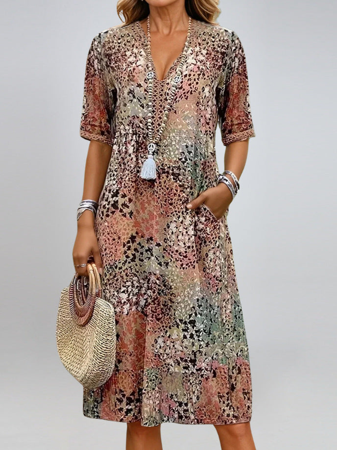 Women's V-Neck Half-Sleeve Printed Dress with Pockets (photo 5)