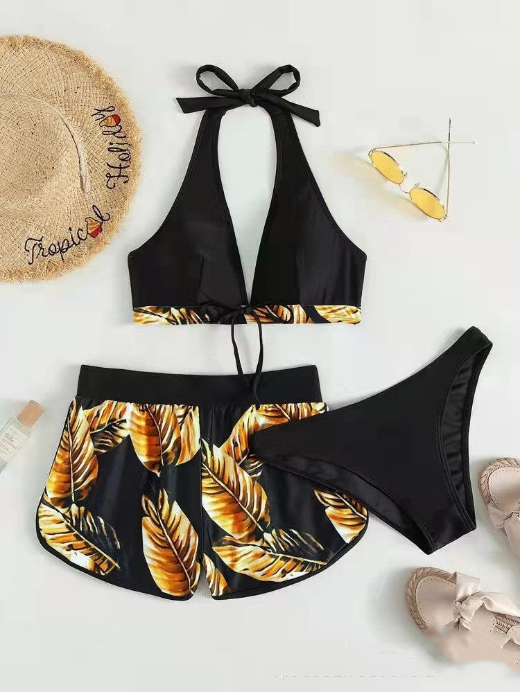 Women's 3-Piece Leaf Print Bikini with Shorts (photo 4)