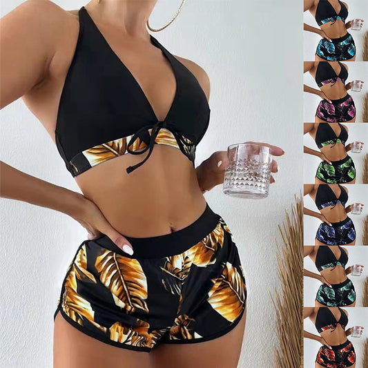 Women's 3-Piece Leaf Print Bikini with Shorts