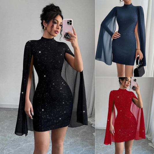 Women's Chiffon Cape-Sleeve Bodycon Mini Dress