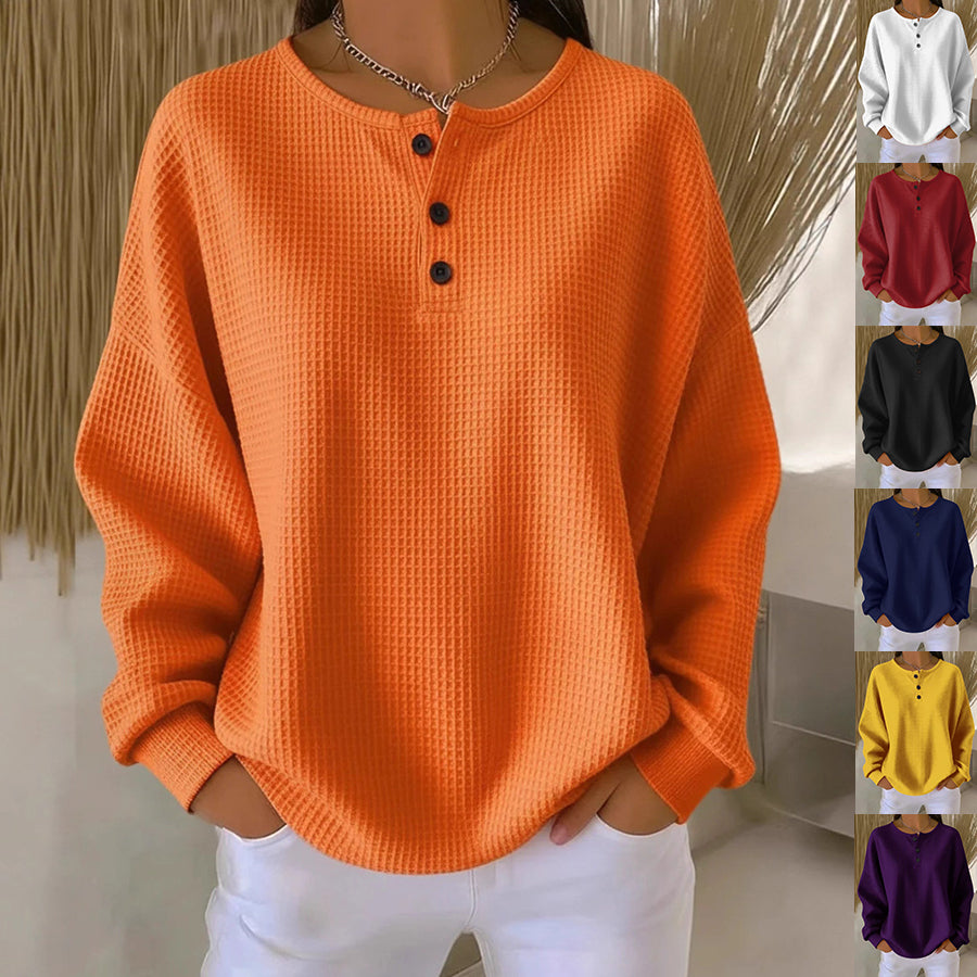 Women's Waffle Knit Long-Sleeve Button T-Shirt