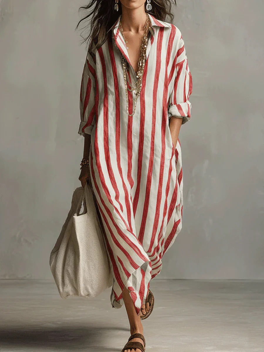 Women's Striped Split-Collar Long Shirt Dress (photo 8)