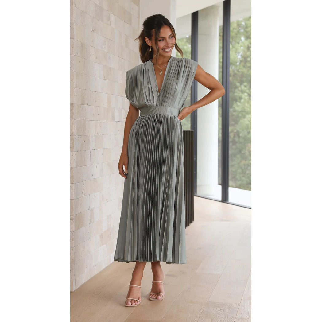 Women's V-Neck Pleated Sleeveless Dress with Zipper (photo 8)