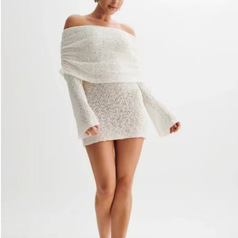 Women's Off-Shoulder Fuzzy Knit Mini Dress (photo 4)
