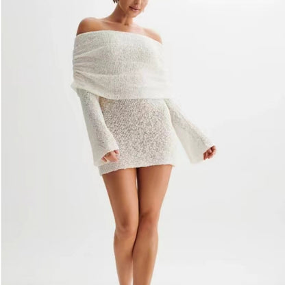 Women's Off-Shoulder Fuzzy Knit Mini Dress (photo 4)