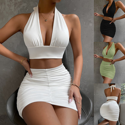 Women's Halter Lace-Up Top and Pleated Mini Skirt Set