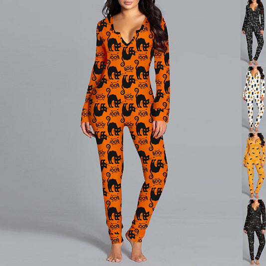 Women's Halloween Print Long-Sleeve Jumpsuit Pajamas