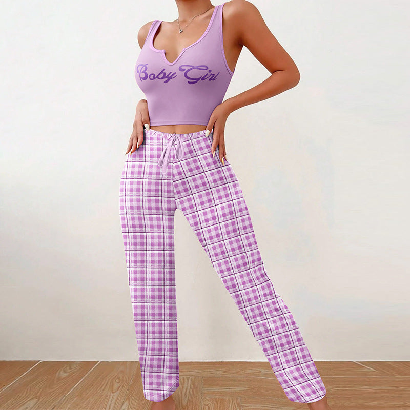 Women's Sleeveless Pajama Set with Plaid Pants (photo 7)