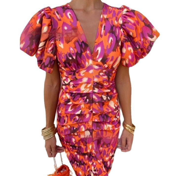Women's Puff-Sleeve Floral V-Neck Long Dress (photo 16)