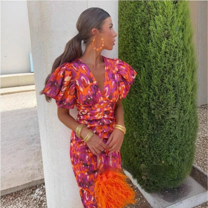 Women's Puff-Sleeve Floral V-Neck Long Dress (photo 2)