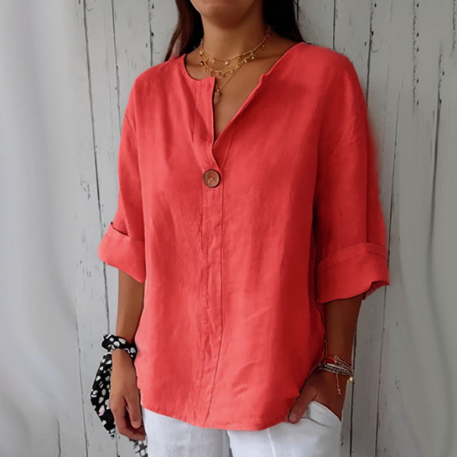 Women's V-Neck Long-Sleeve Button Top (photo 4)