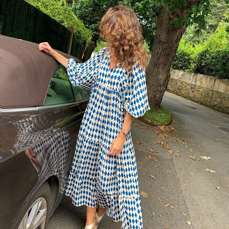 Women's Boho Print V-Neck Short-Sleeve Long Dress (photo 9)