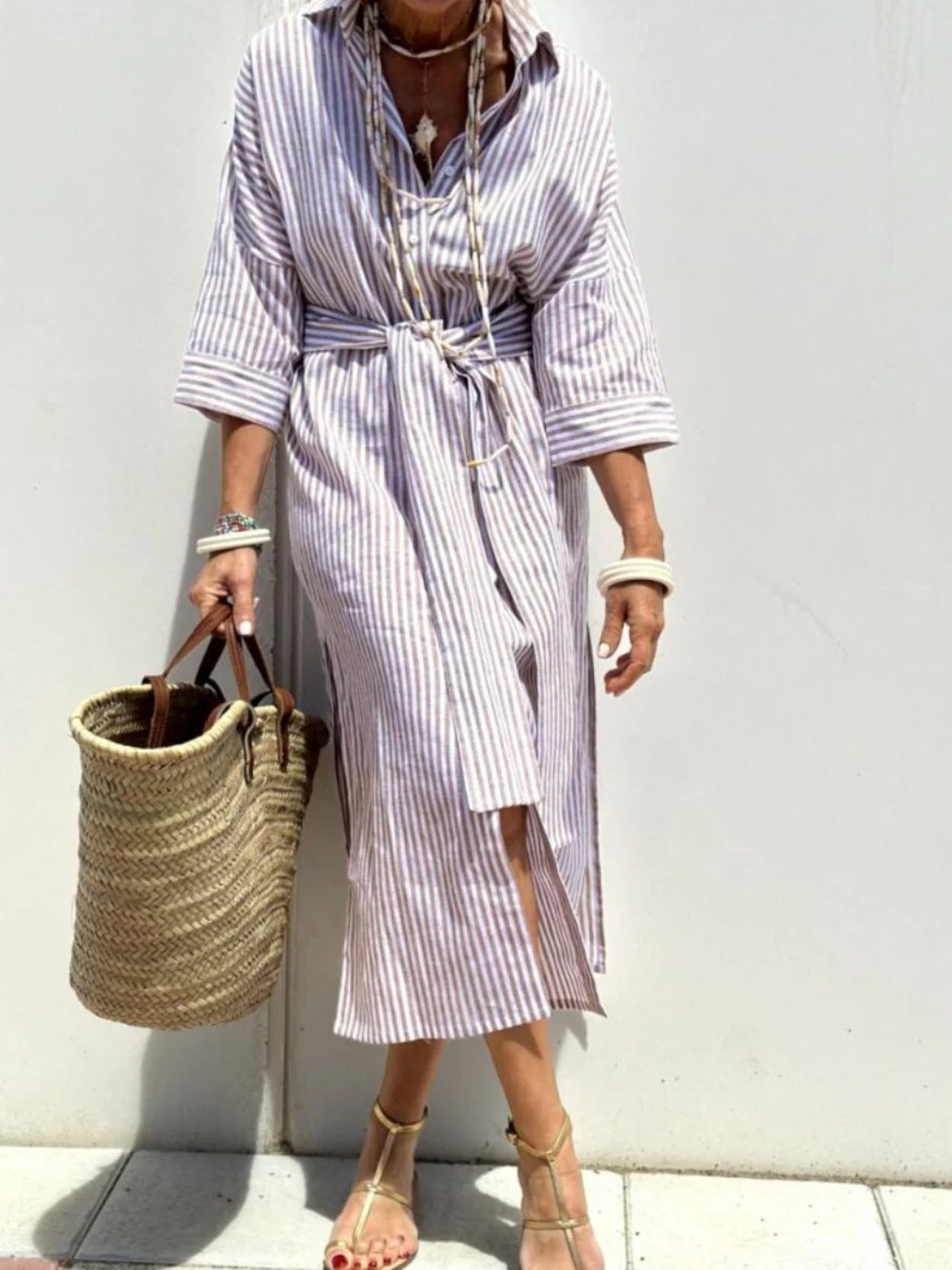 Women's Striped Half-Sleeve Shirt Dress with Belt (photo 7)
