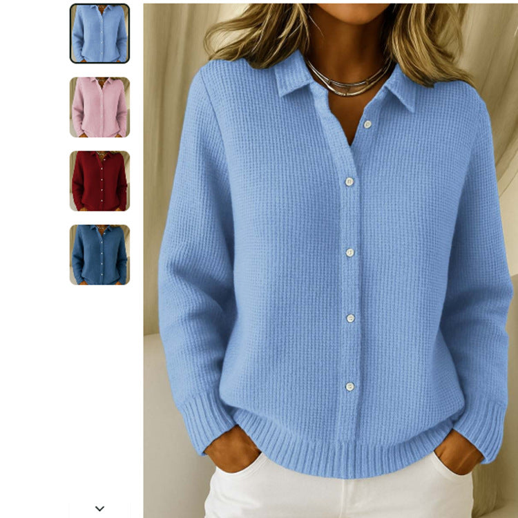 Women's Lapel Button Knit Cardigan Sweater (photo 7)