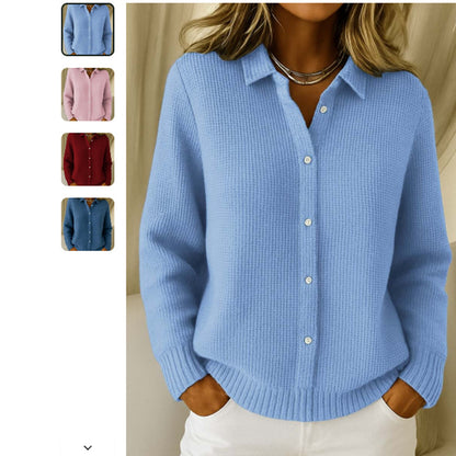 Women's Lapel Button Knit Cardigan Sweater (photo 7)