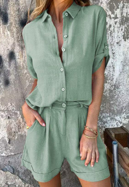 Women's Short-Sleeve Lapel Shirt and Shorts Set (photo 7)