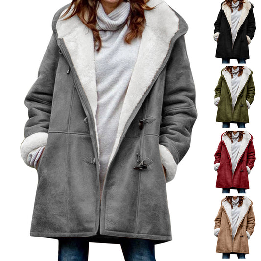 Women's Hooded Mid-Length Fleece Coat with Buttons