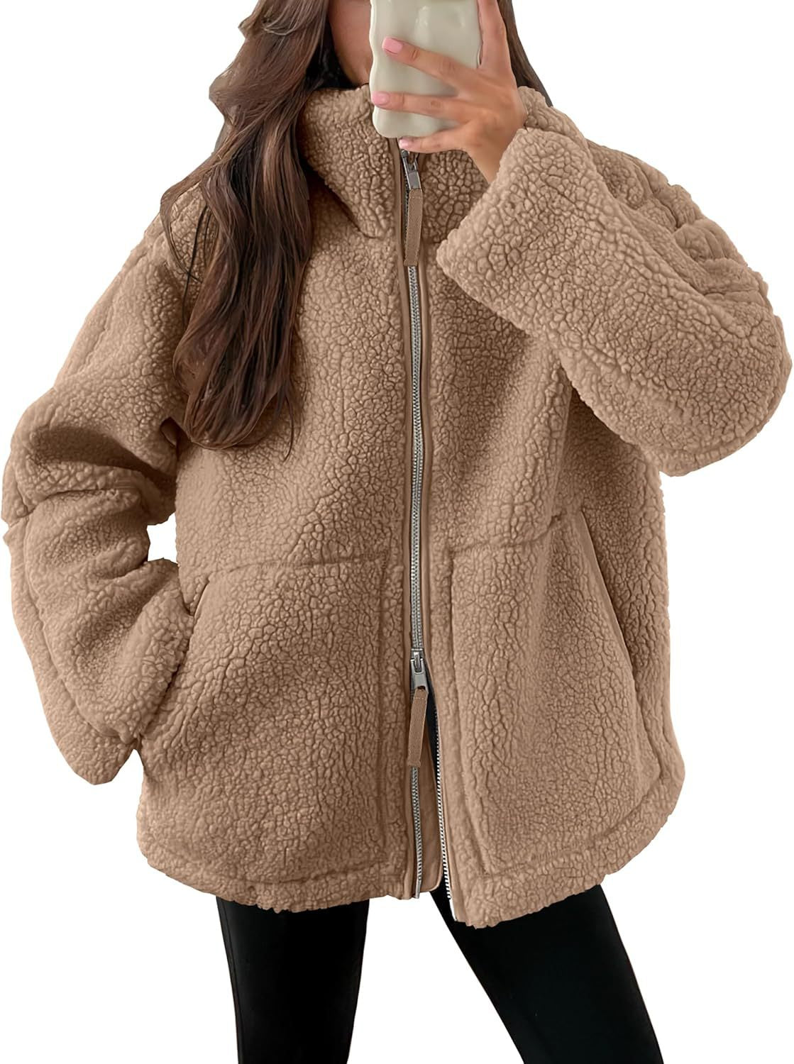 Women's Lapel Zip-Up Fleece Coat with Pockets (photo 12)