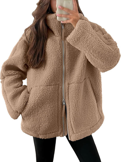Women's Lapel Zip-Up Fleece Coat with Pockets (photo 12)