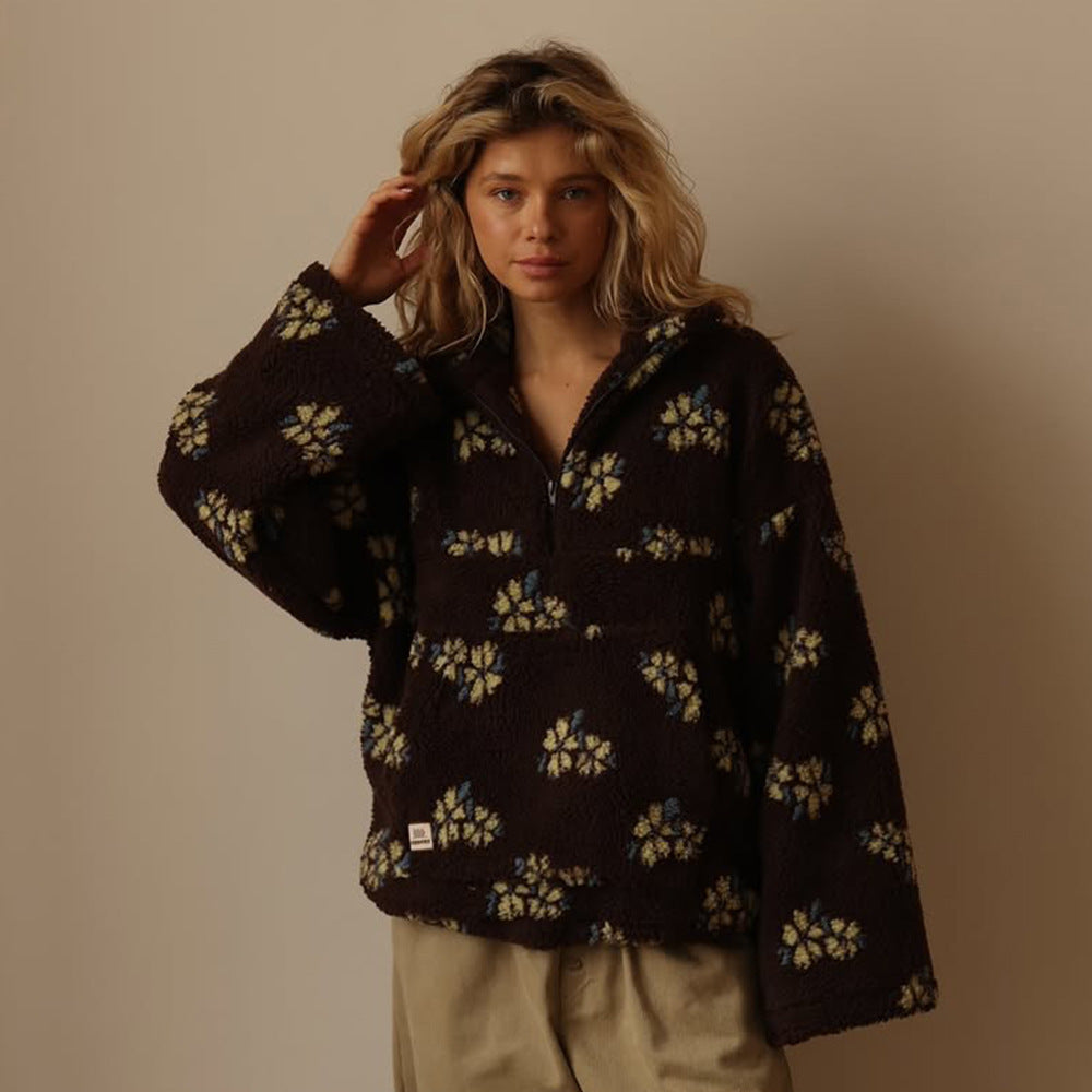 Women's Floral Fleece Zip Lapel Pullover with Big Pocket (photo 5)