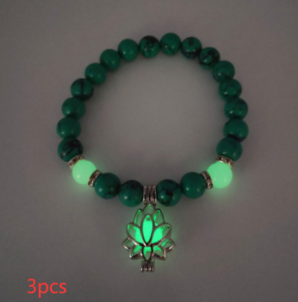 Glow-in-the-Dark Lotus Charm Beaded Bracelet – F, 3-Pack