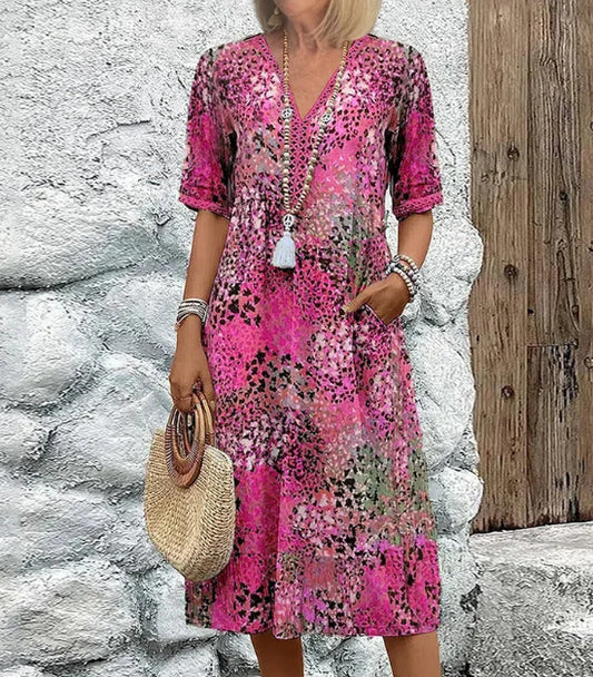 Women's V-Neck Half-Sleeve Printed Dress with Pockets