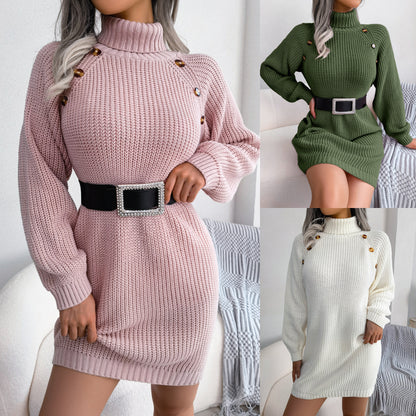 Women's Turtleneck Sweater Dress with Buttons