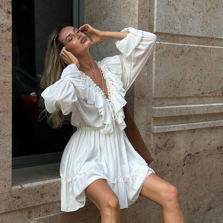 Women's V-Neck Ruffle Flare-Sleeve Mini Dress (photo 6)