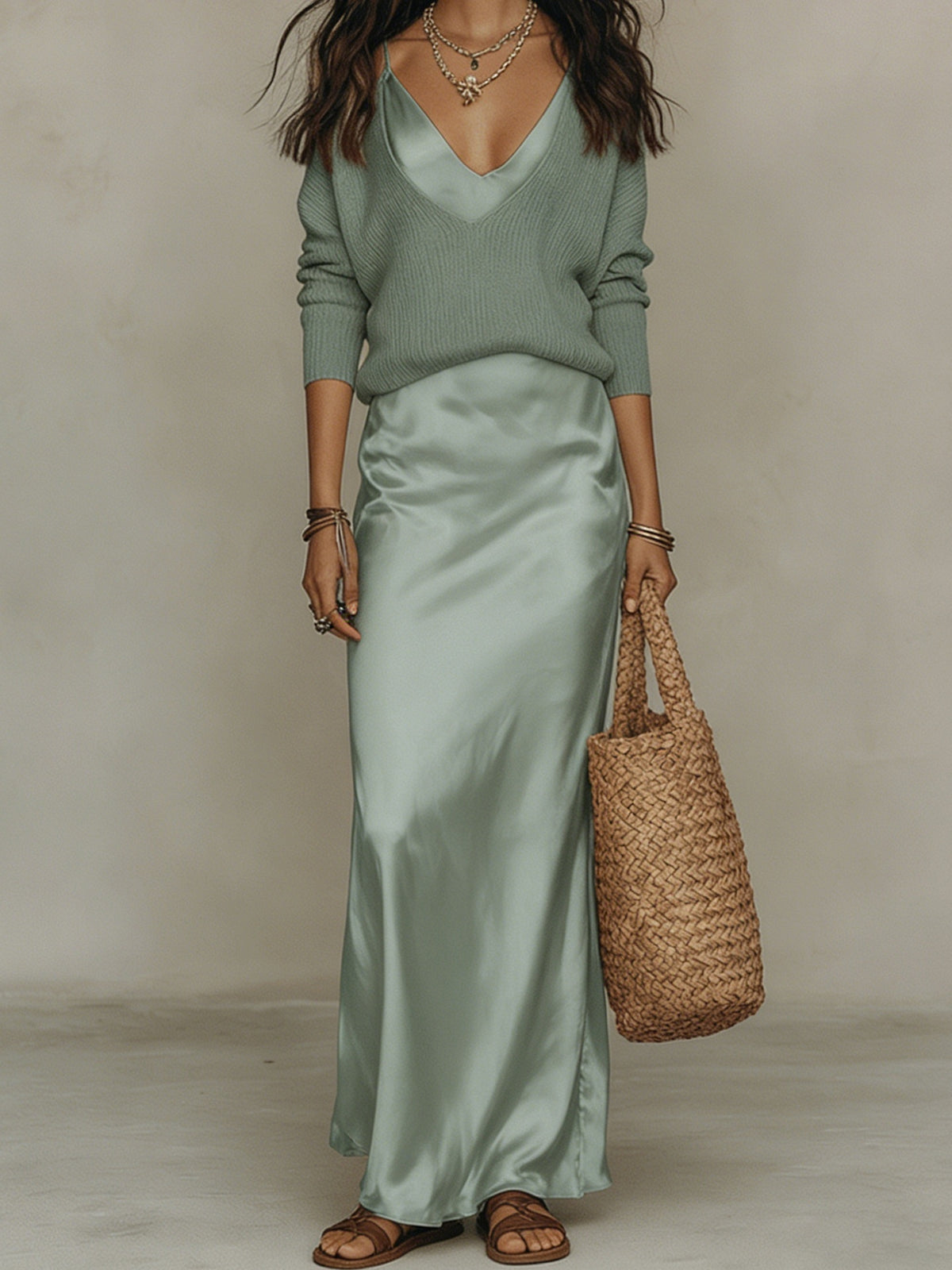 Women's Satin Slip Maxi Dress and Knit Top Two-Piece Set (photo 20)