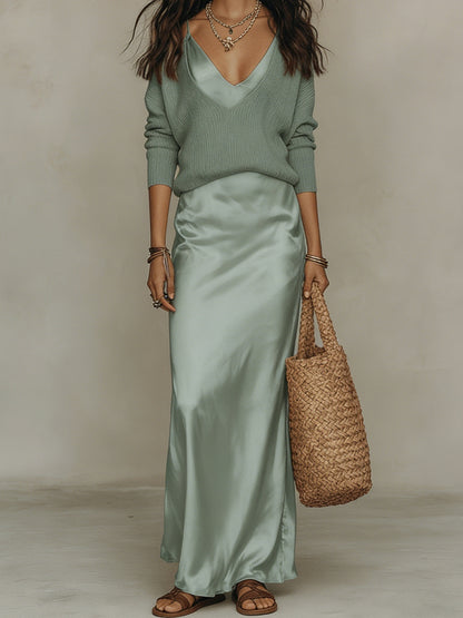 Women's Satin Slip Maxi Dress and Knit Top Two-Piece Set (photo 20)