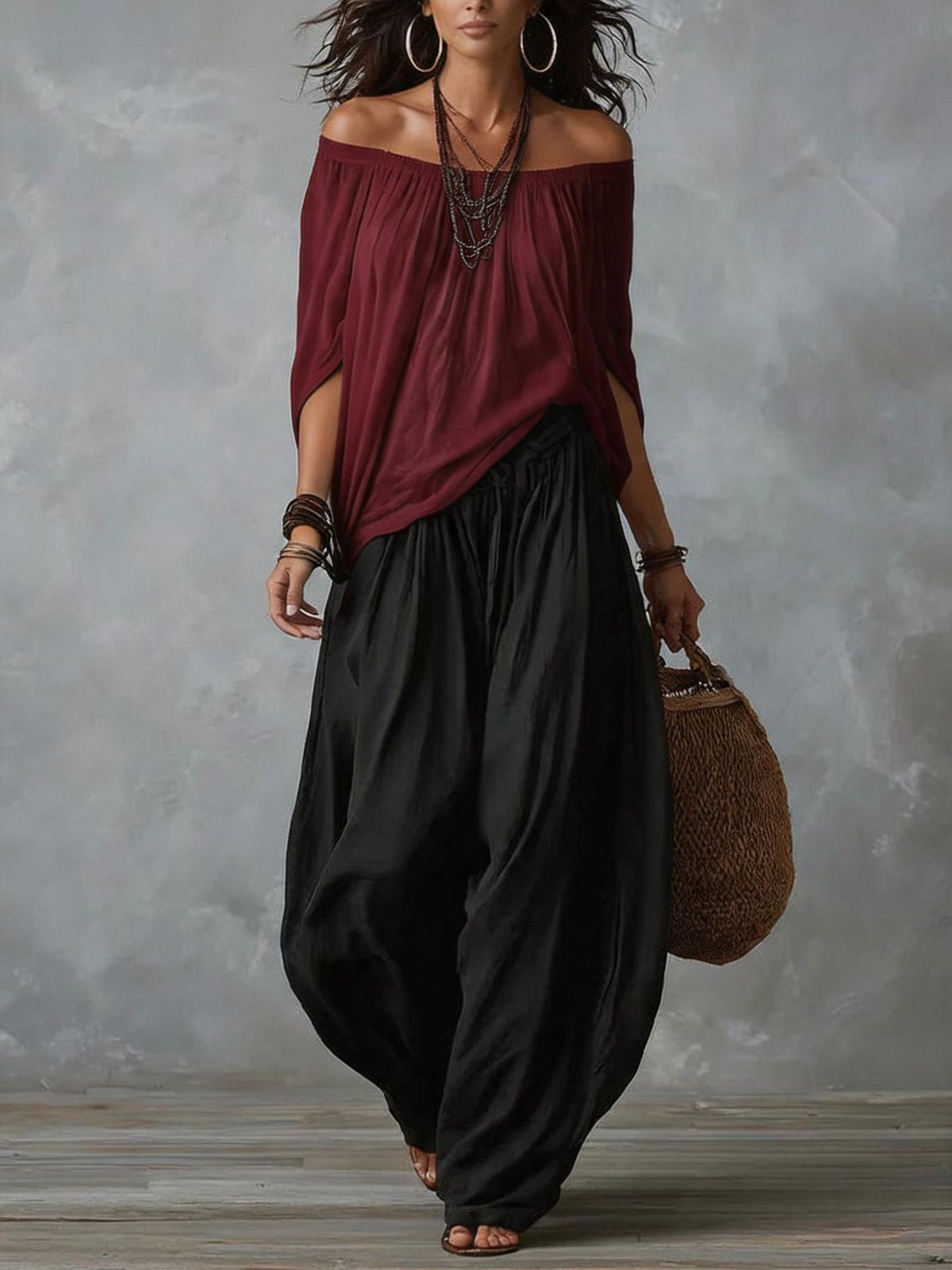 Women's Off-Shoulder Top and Flare Pants Set (photo 14)