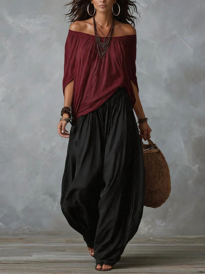 Women's Off-Shoulder Top and Flare Pants Set (photo 14)