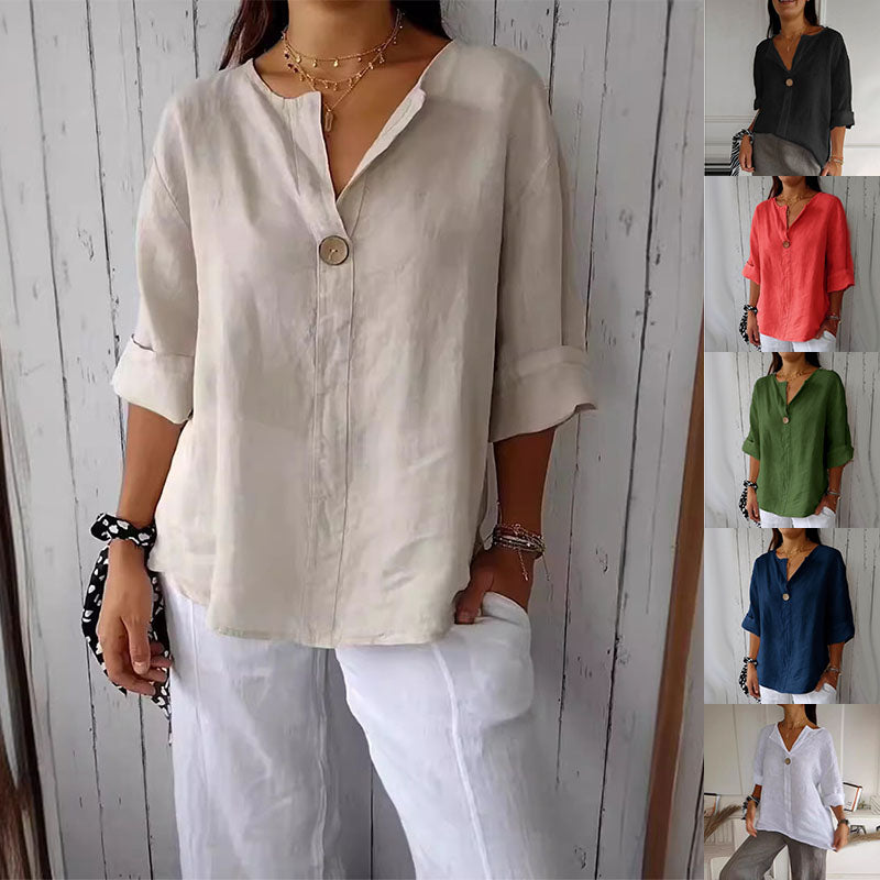 Women's V-Neck Long-Sleeve Button Top