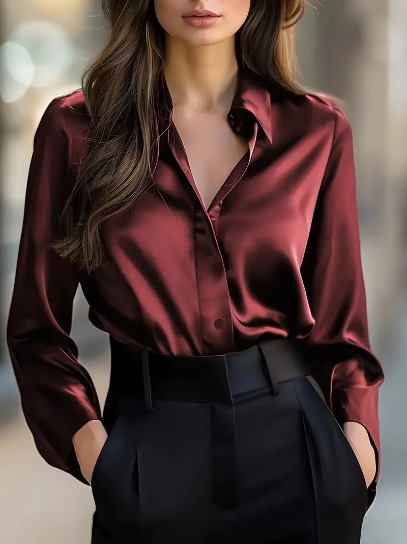 Women's Satin Button-Up Long-Sleeve Blouse (photo 6)
