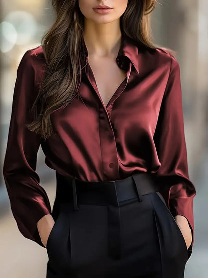 Women's Satin Button-Up Long-Sleeve Blouse (photo 6)