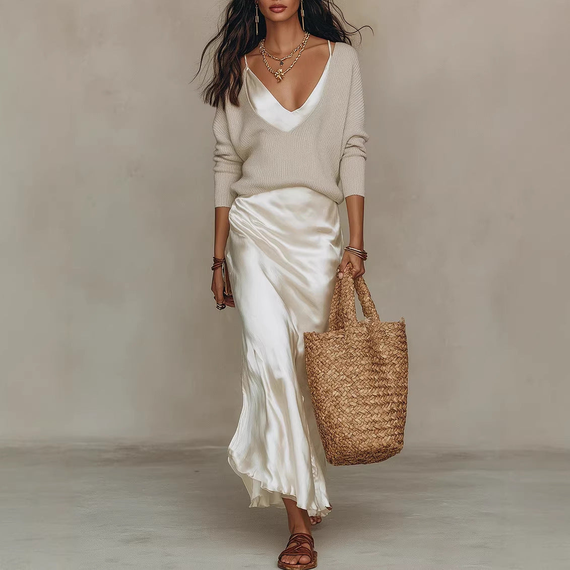 Women's Satin Slip Maxi Dress and Knit Top Two-Piece Set (photo 2)