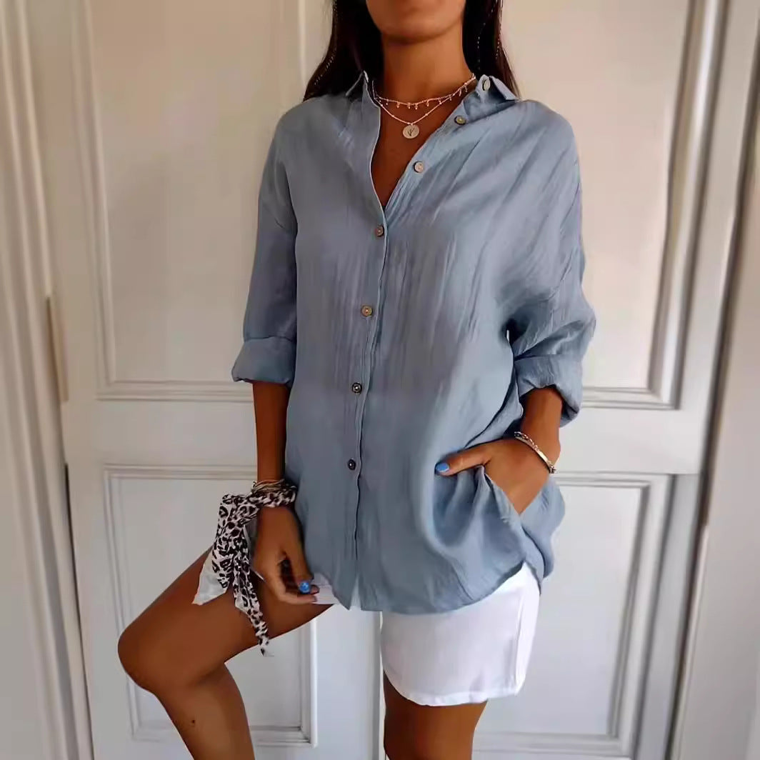 Women's Lapel Long-Sleeve Pleated Button-Front Shirt (photo 5)