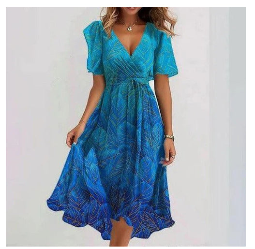 Women's Printed Chiffon V-Neck Short-Sleeve Dress (photo 8)