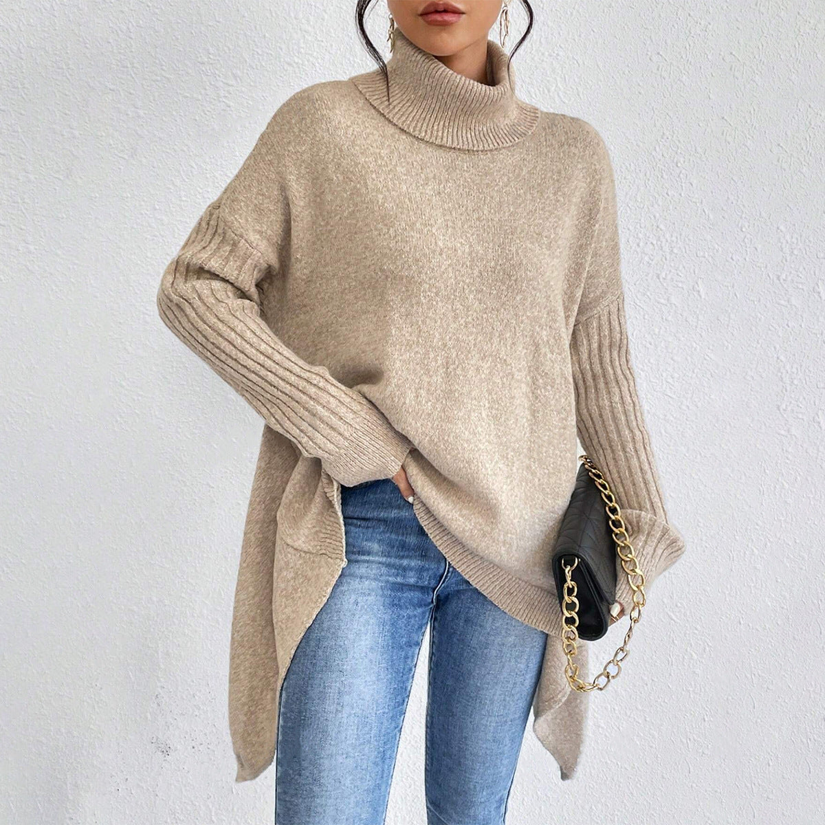 Women's Loose Irregular-Hem Turtleneck Sweater (photo 2)