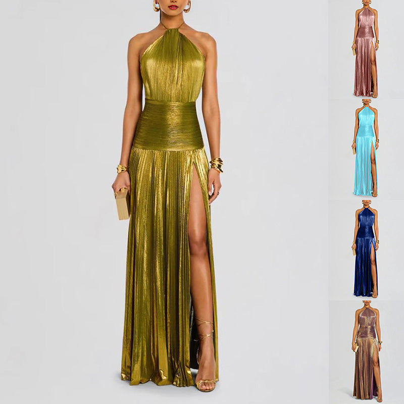 Women's Pleated Halter-Neck Maxi Dress with Slit